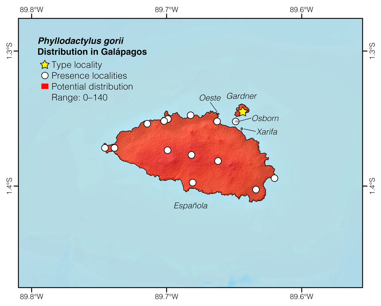 Distribution of Phyllodactylus gorii in Española Island