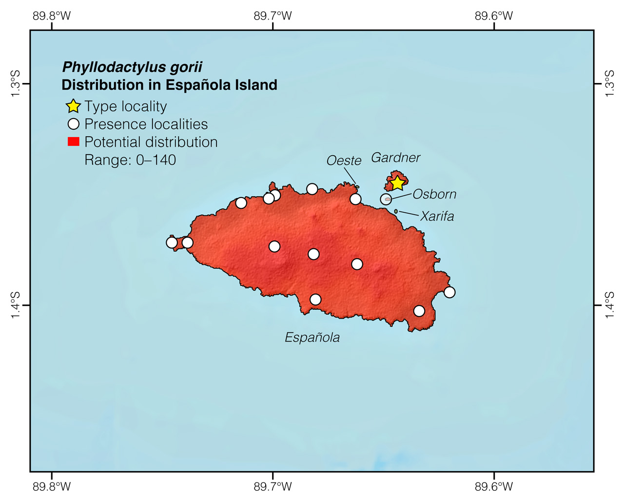 Distribution of Phyllodactylus gorii in Española Island