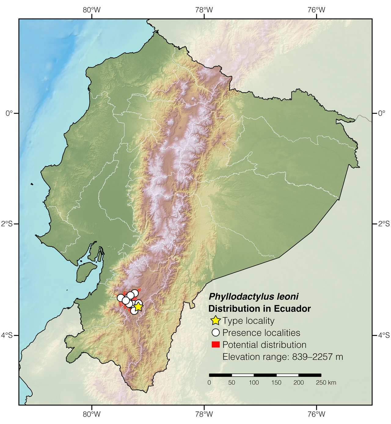 Distribution of Phyllodactylus leoni in Ecuador