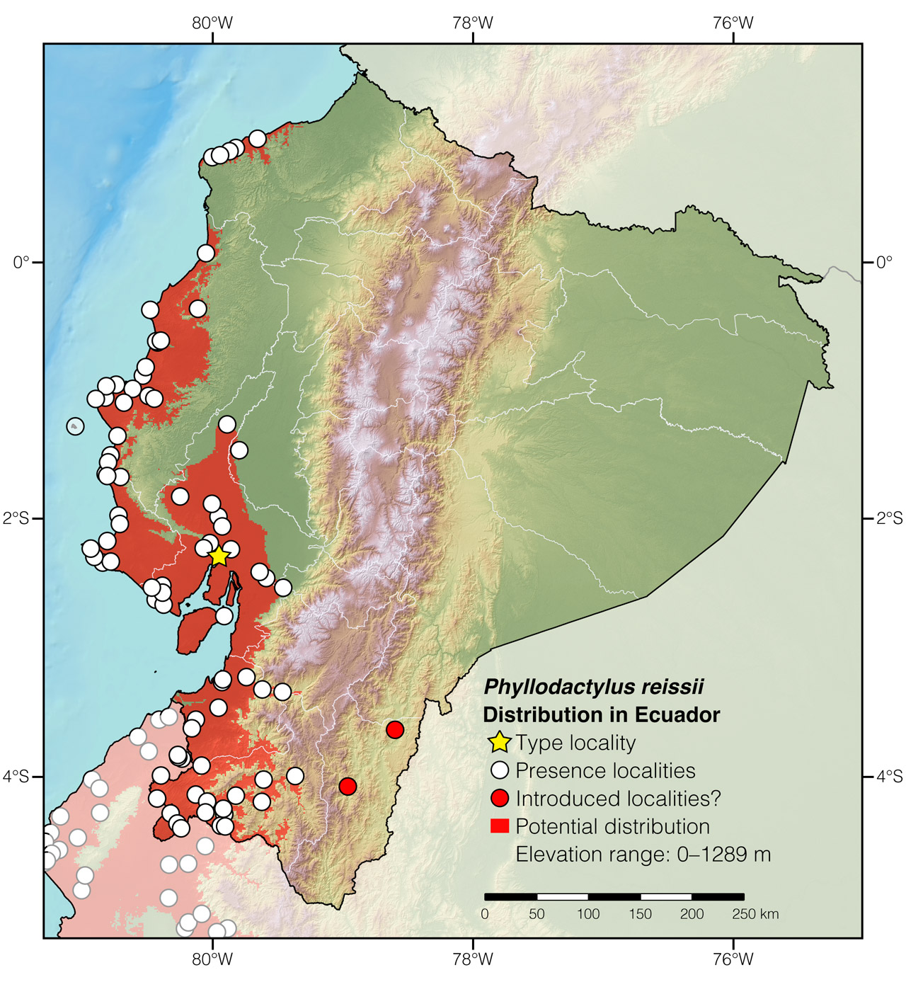Distribution of Phyllodactylus reissii in Ecuador