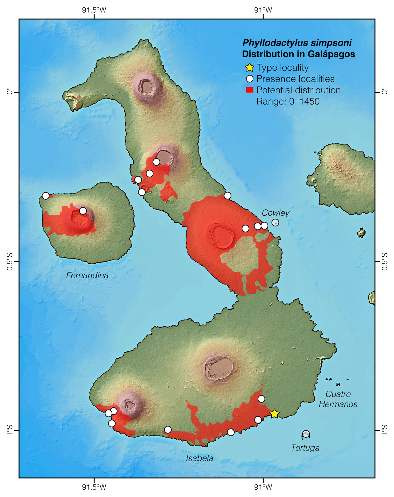 Distribution of Phyllodactylus simpsoni in Galápagos