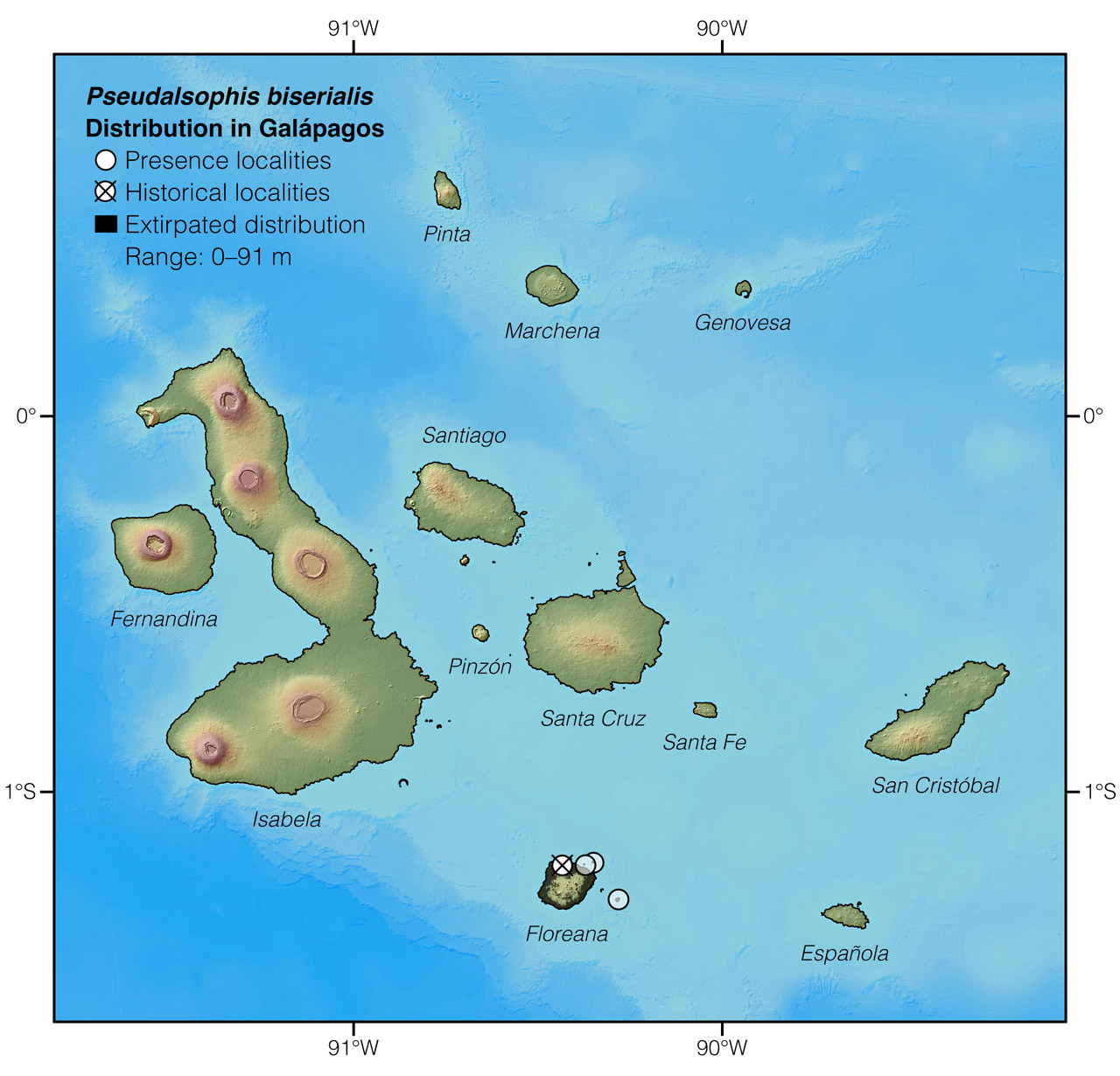 Distribution of Pseudalsophis biserialis in Galápagos