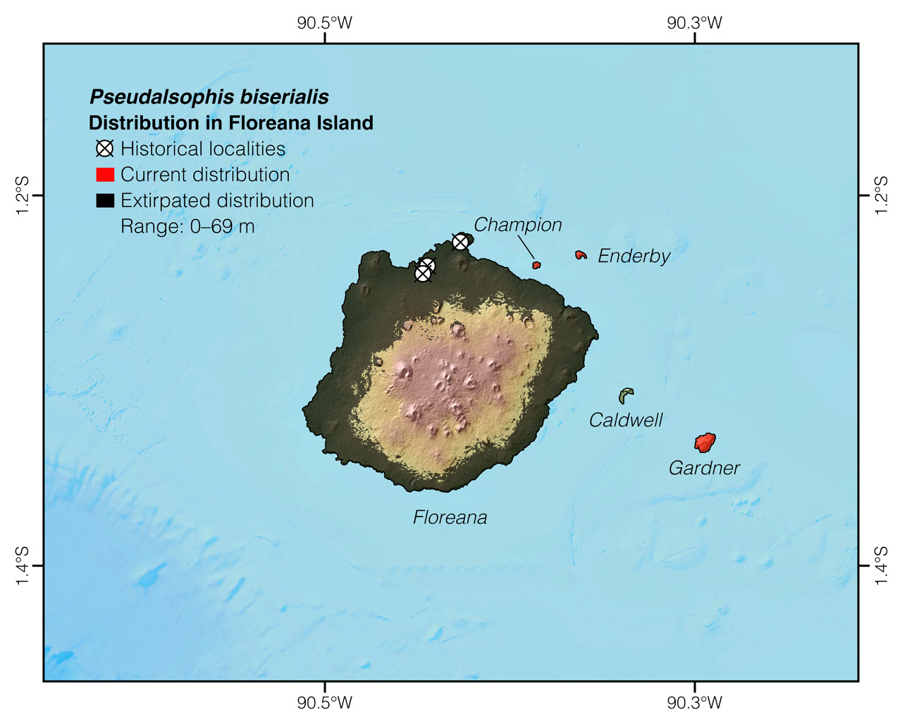 Distribution of Pseudalsophis biserialis in and around Floreana Island