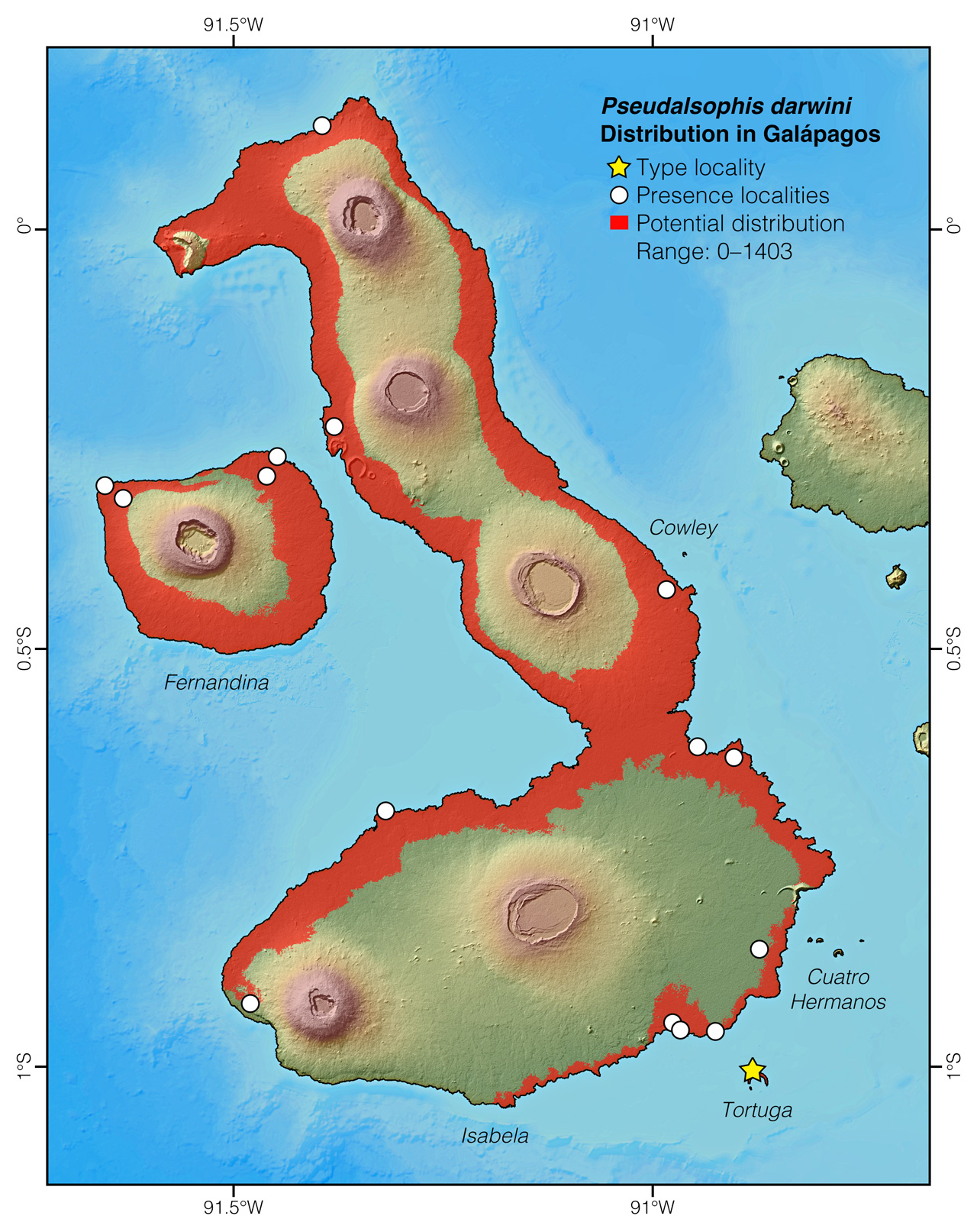 Distribution of Pseudalsophis darwini