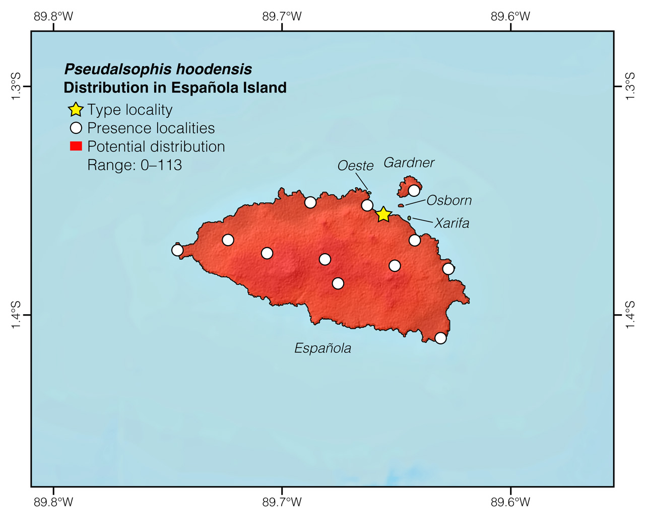 Distribution of Pseudalsophis hoodensis in and around Española Island