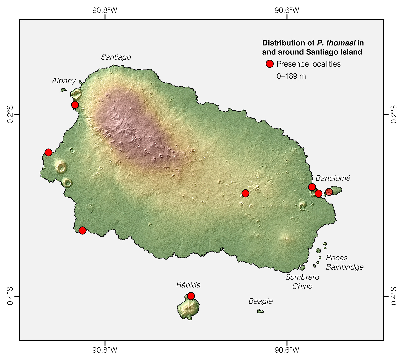 Distribution of Pseudalsophis thomasi in and around Santiago Island