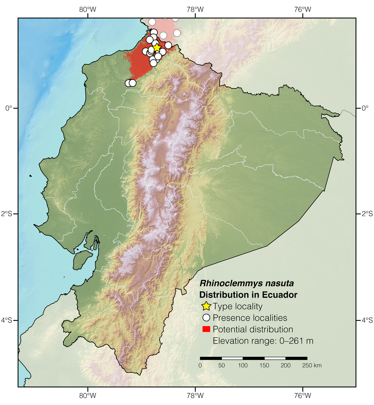 Distribution of Rhinoclemmys nasuta in Ecuador
