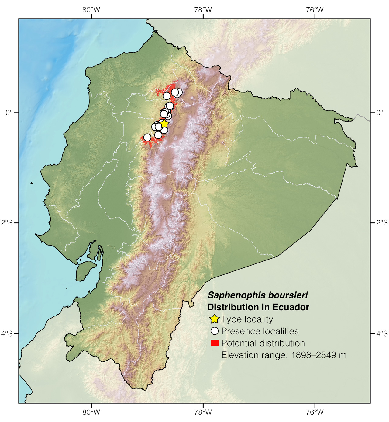 Distribution of Saphenophis boursieri in Ecuador