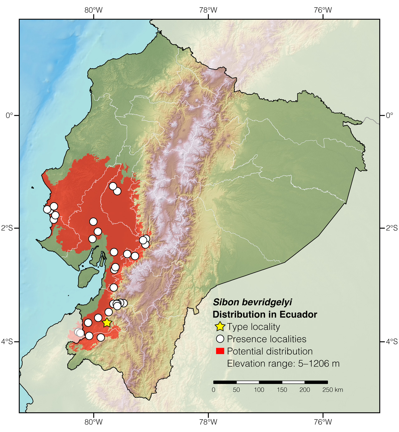 Distribution of Sibon bevridgelyi in Ecuador