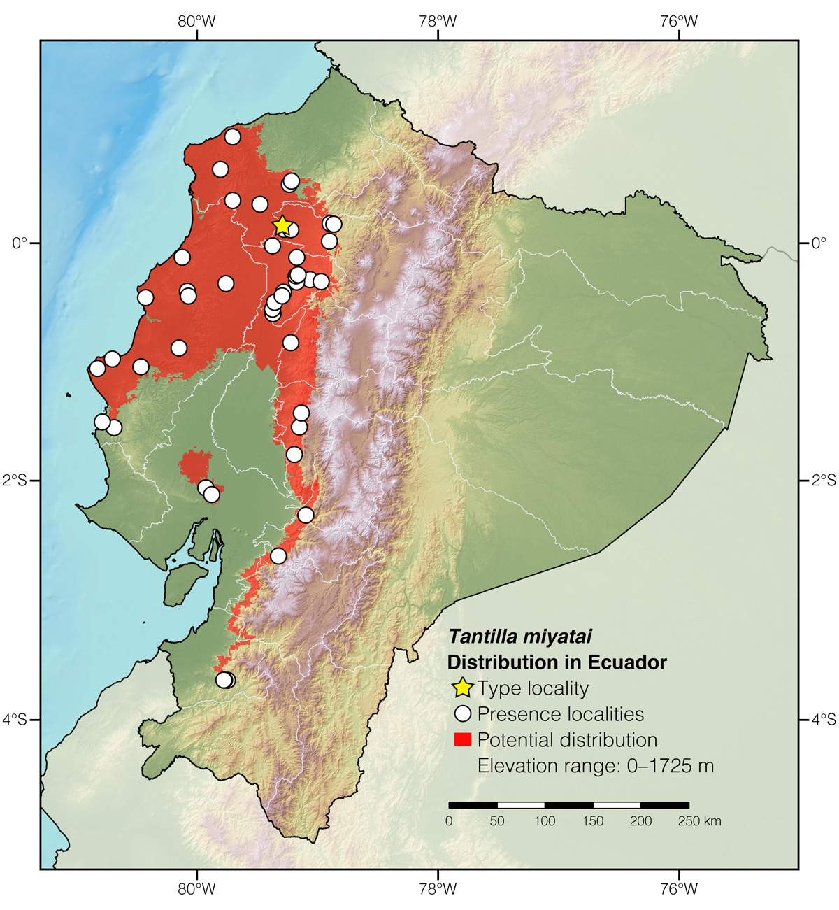 Distribution of Tantilla miyatai in Ecuador